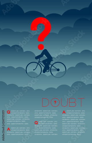 Doubt man and bicycle with Question mark icon pictogram blue and red, Social issues: Pollution PM 2.5 concept template layout design illustration isolated on dark gradients background, with space