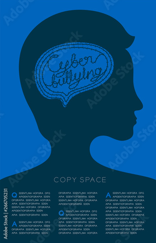 Silhouette man with barbed wire brain and cyber bullying text, Social network victim concept, poster or flyer template layout design illustration isolated on violet background, with copy space