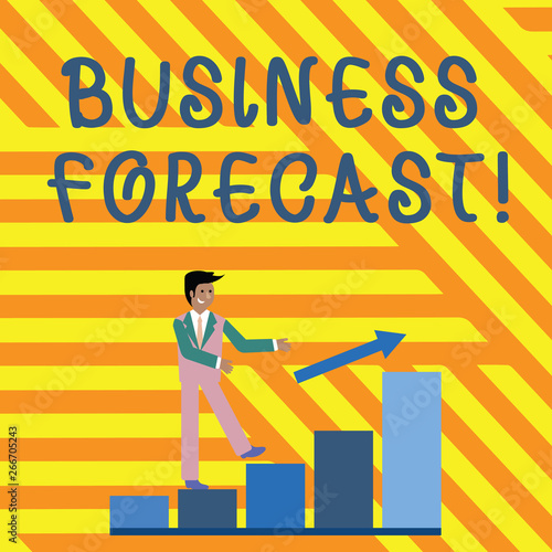 Word writing text Business Forecast. Business photo showcasing estimate or prediction of future developments in business Smiling Businessman Climbing Colorful Bar Chart Following an Arrow Going Up