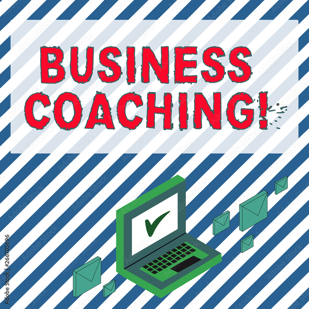 Word writing text Business Coaching. Business photo showcasing providing support and occasional advice to an individual Color Mail Envelopes around Laptop with Check Mark icon on Monitor Screen