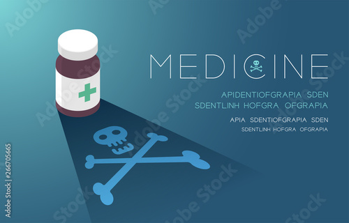 Medicine bottle with shadow and skull and crossbones sign, Danger expired concept idea poster or flyer template layout design illustration isolated on blue gradients background with space, vector eps