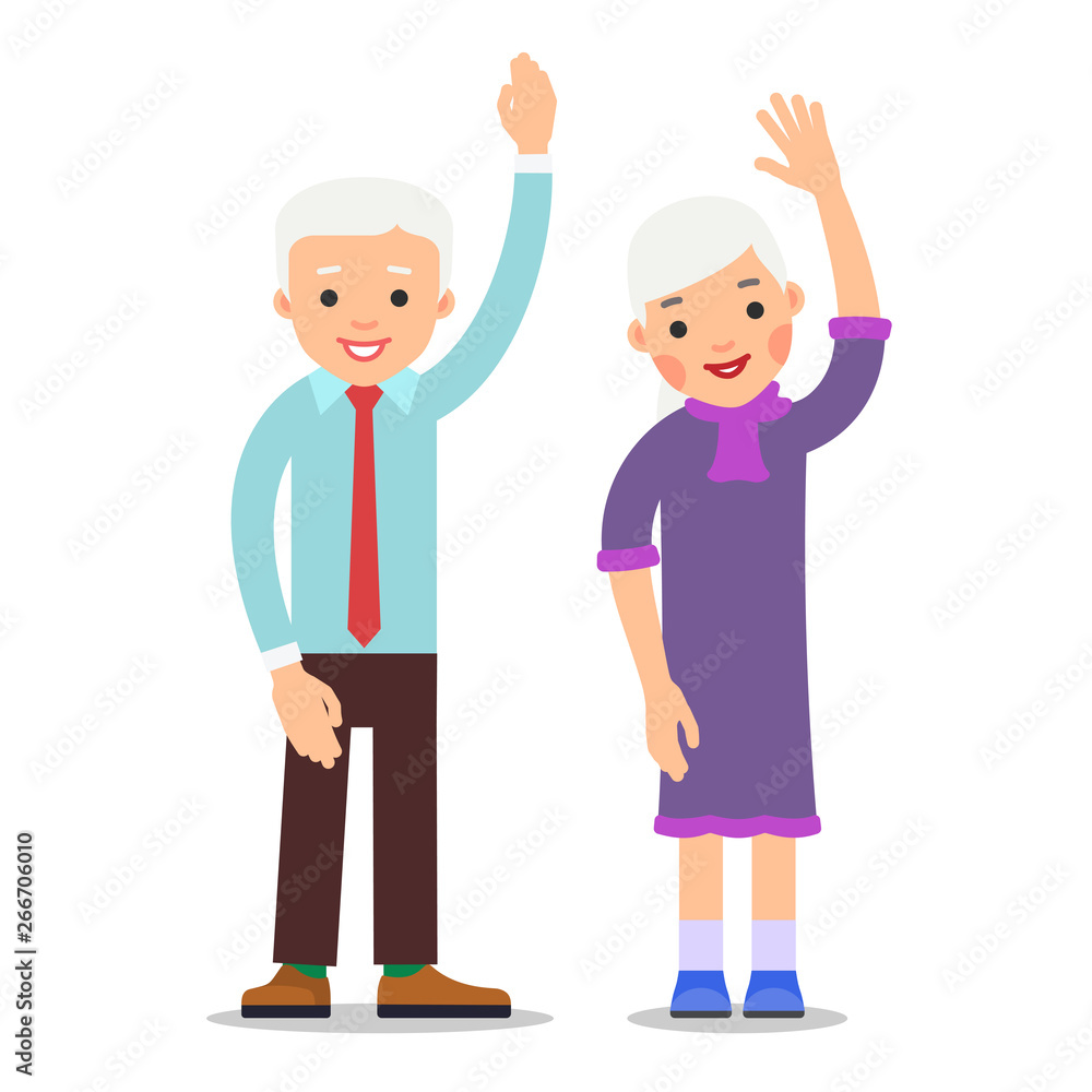 Old people with hand up. Active gesture senior couple. Grandfather and grandmother smiling. Healthy pensioner concept. Happy family. Cartoon illustration isolated on white background in flat style