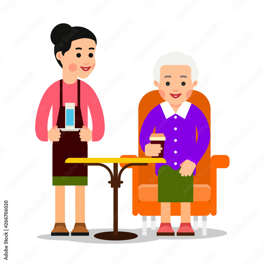 Obraz premium Kelner przyniósł szklankę wody staruszce pijącej kawę. Babcia siedzi i trzyma filiżanki kawy lub herbaty. Pracownik obsługuje klienta. Ilustracja kreskówka na białym tle na białym tle w stylu płaski