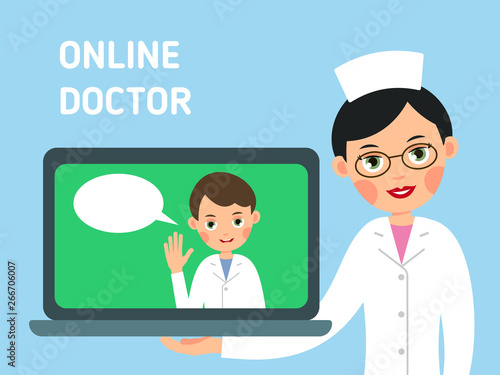 Online doctor. Concept of modern healthcare. Nurse shows you how to get medical advice with help of Internet. Service for medical education, communication and help. Illustration isolated in flat
