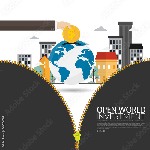 Multinational company investment in the developing world opens up new horizons for economic development and for company strategy concept. business man hand saving gold coin over the globe