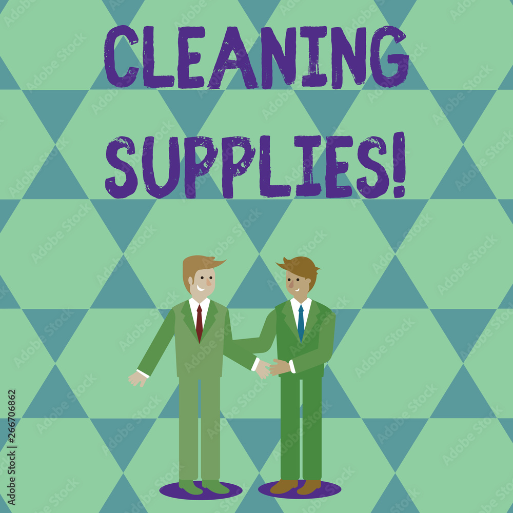 Naklejka premium Handwriting text Cleaning Supplies. Conceptual photo substances usually liquids used to remove dirt and dust Two Businessmen Standing, Smiling and Greeting each other by Handshaking