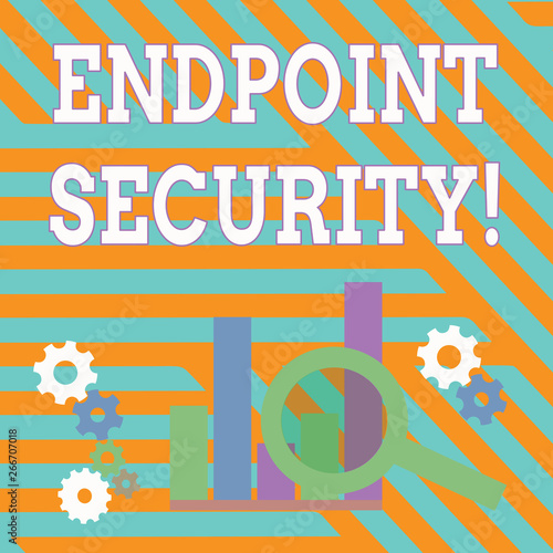 Text sign showing Endpoint Security. Business photo showcasing the methodology of protecting the corporate network Magnifying Glass Over Bar Column Chart beside Cog Wheel Gears for Analysis