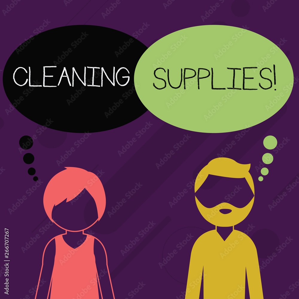 Word writing text Cleaning Supplies. Business photo showcasing substances usually liquids used to remove dirt and dust Bearded Man and Woman Faceless Profile with Blank Colorful Thought Bubble Word writing text Cleaning Supplies. Business photo showcasing substances usually liquids used to remove dirt and dust Bearded Man and Woman Faceless Profile with Blank Colorful Thought Bubble