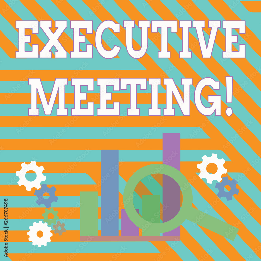 Text sign showing Executive Meeting. Business photo showcasing discuss a specific topic with boards and general members Magnifying Glass Over Bar Column Chart beside Cog Wheel Gears for Analysis