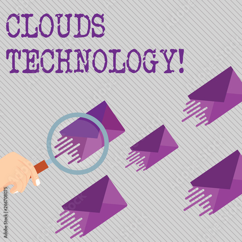 Conceptual hand writing showing Clouds Technology. Concept meaning resources aretrieved from the internet through webbased Magnifying Glass on Color Envelope and others has Same Shade photo