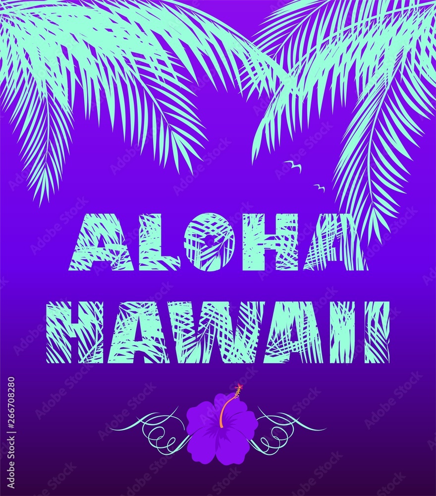 T-shirt neon violet print with Aloha Hawaii mint color lettering, coconut palm leaves, seagull and lilac hibiscus