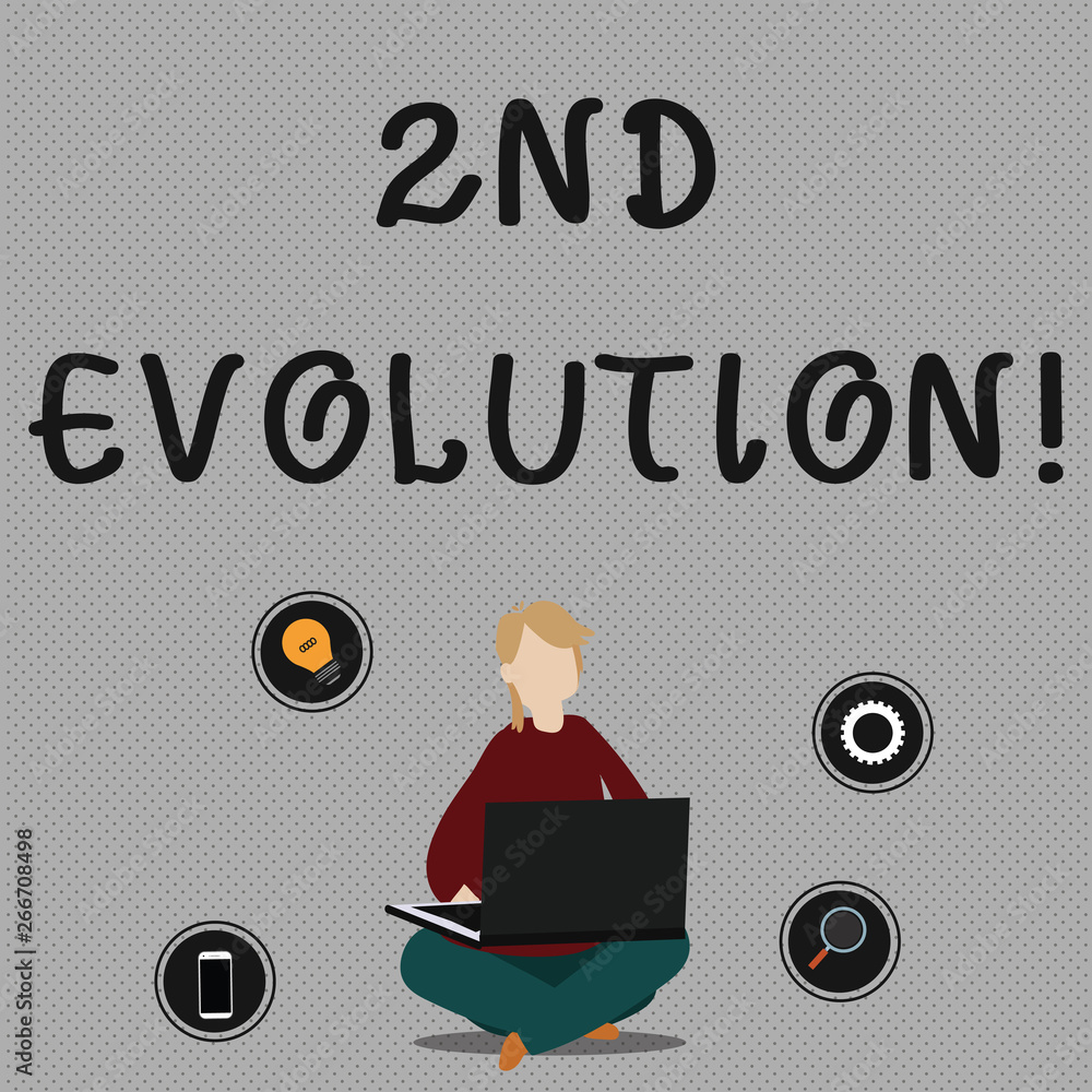 Conceptual hand writing showing 2Nd Evolution. Concept meaning change in the heritable features of biological populations Woman Sitting with Crossed Legs on Floor Browsing the Laptop Conceptual hand writing showing 2Nd Evolution. Concept meaning change in the heritable features of biological populations Woman Sitting with Crossed Legs on Floor Browsing the Laptop