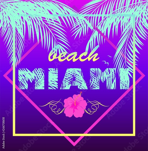 T-shirt neon violet print with Miami beach mint color lettering, coconut palm leaves, seagull and lilac hibiscus