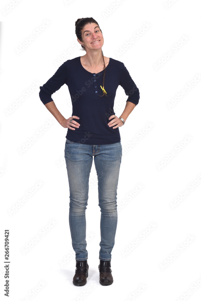 full portrait of a woman with hands on her waist isolated on white full portrait of a woman with hands on her waist isolated on white