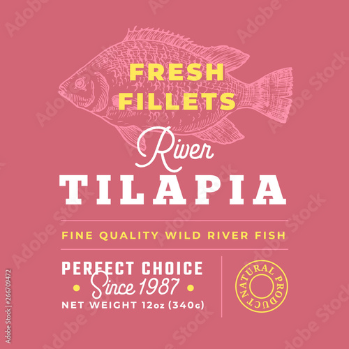 Fresh Fillets Premium Quality Label . Abstract Vector Fish Packaging Design Layout. Retro Typography with Borders and Hand Drawn Tilapia Silhouette Background
