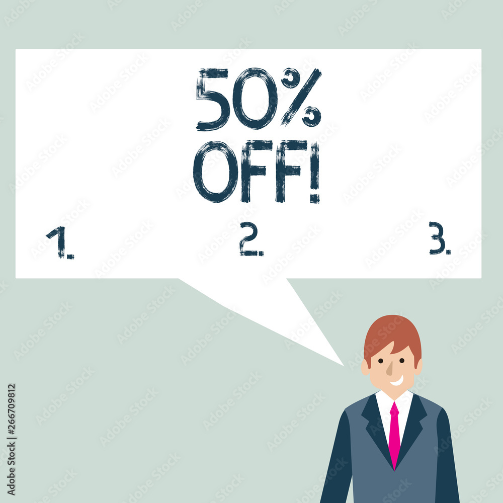 Writing note showing 50 Percent Off. Business concept for 50 percent reduction on the original price of a product Businessman Smiling and Talking Blank Color Speech Bubble Writing note showing 50 Percent Off. Business concept for 50 percent reduction on the original price of a product Businessman Smiling and Talking Blank Color Speech Bubble