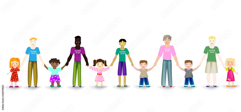 Happy father's day. Vector holiday illustration of a happy super dad with children. Cartoon daddies of different ethnicity. Happy father's day. Vector holiday illustration of a happy super dad with children. Cartoon daddies of different ethnicity.