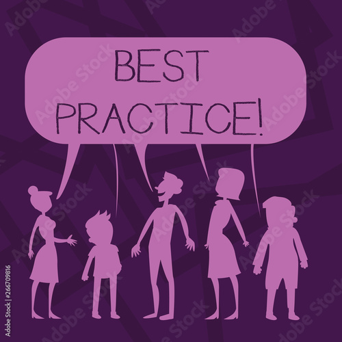 Text sign showing Best Practice. Business photo showcasing commercial or professional procedures that are accepted Silhouette Figure of People Talking and Sharing One Colorful Speech Bubble