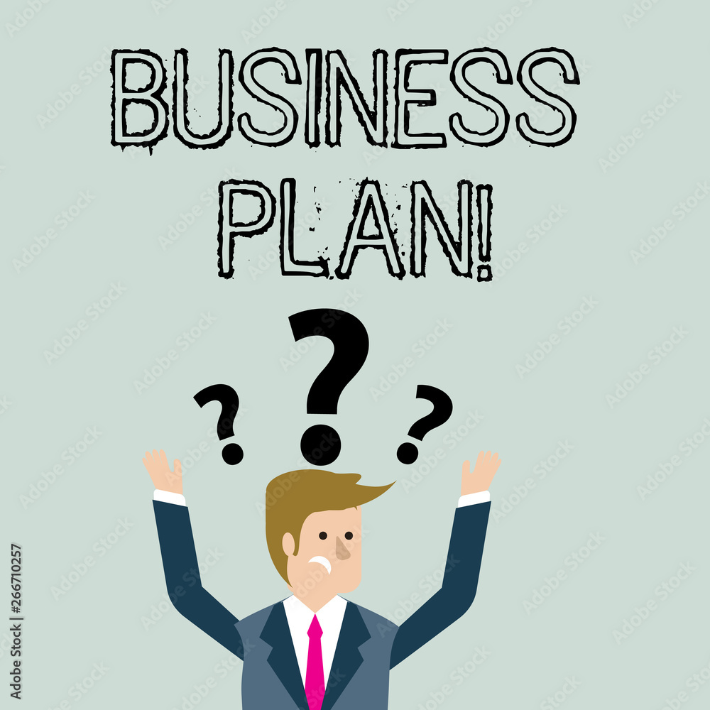 Handwriting text Business Plan. Conceptual photo the document setting out a business s is future objectives Confused Businessman Raising Both Arms with Question Marks Above his Head Handwriting text Business Plan. Conceptual photo the document setting out a business s is future objectives Confused Businessman Raising Both Arms with Question Marks Above his Head