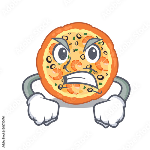 Angry seafood pizza in the mascot shape