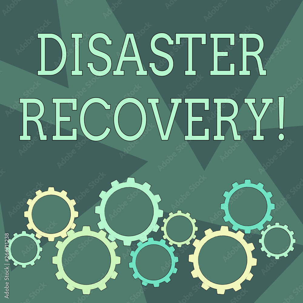 Conceptual hand writing showing Disaster Recovery. Concept meaning helping showing affected by a serious damaging event Cog Wheel Gear Engaging, Interlocking and Tesselating
