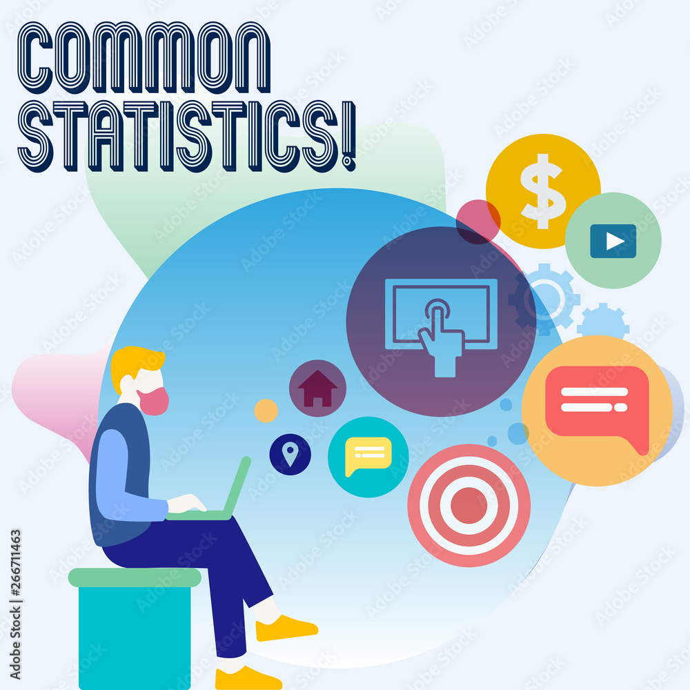 Word writing text Common Statistics. Business photo showcasing used to calculate values related to statistical concepts Man Sitting Down with Laptop on his Lap and SEO Driver Icons on Blank Space