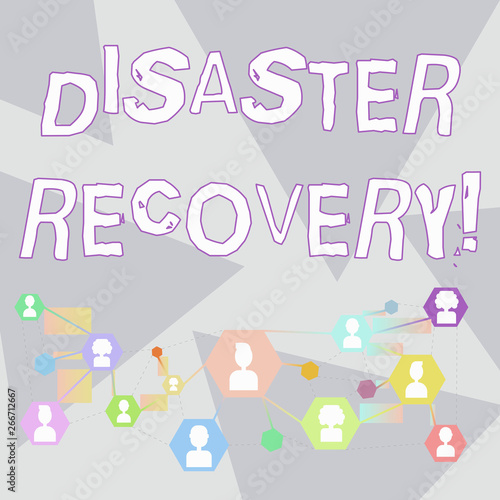 Word writing text Disaster Recovery. Business photo showcasing helping showing affected by a serious damaging event Online Chat Head Icons with Avatar and Connecting Lines for Networking Idea