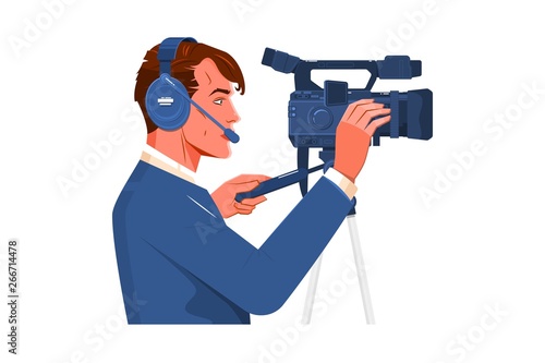 Cameraman shooting the film scene with his camera on white background