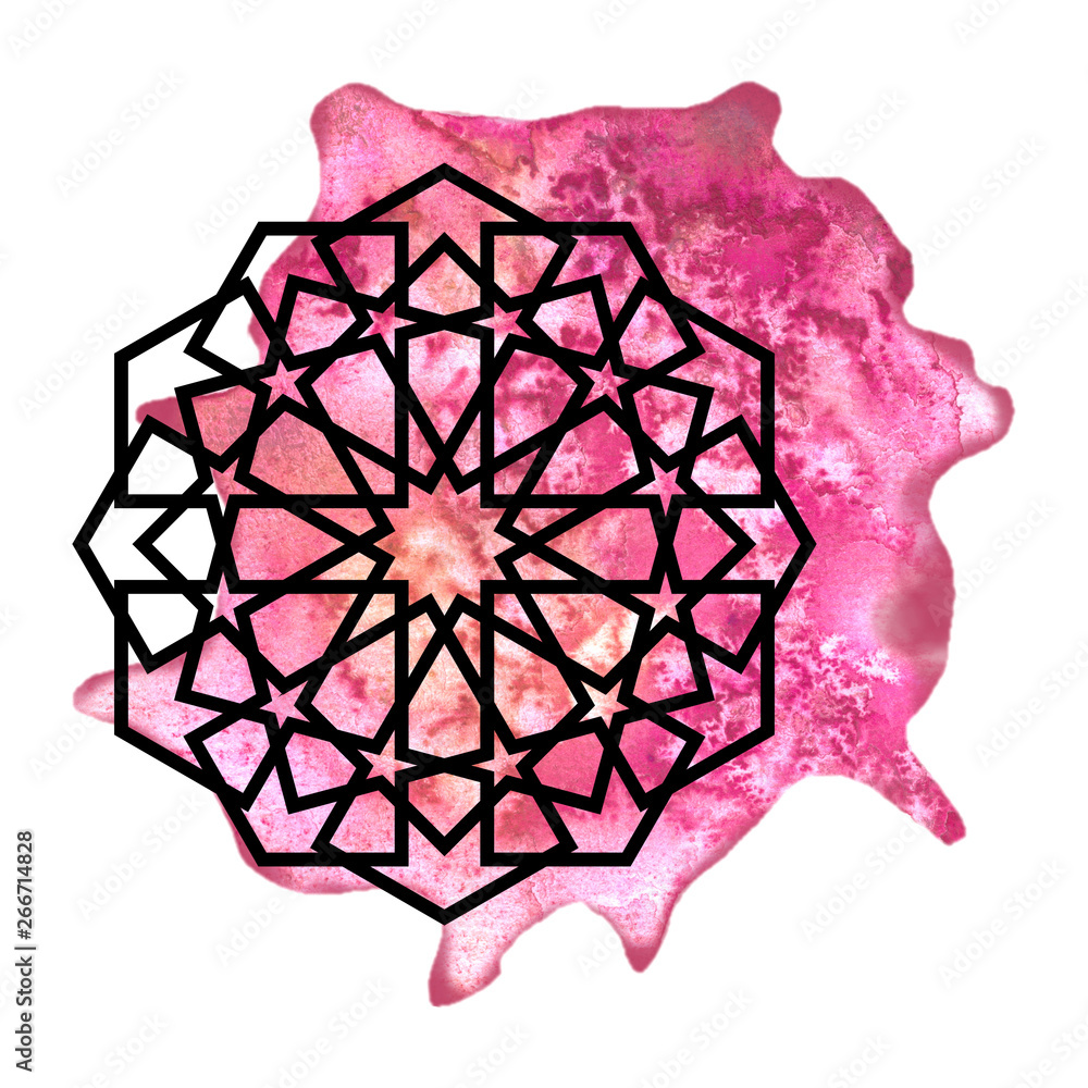 Arabesque round geometric element with watercolor splash. Mandala art design