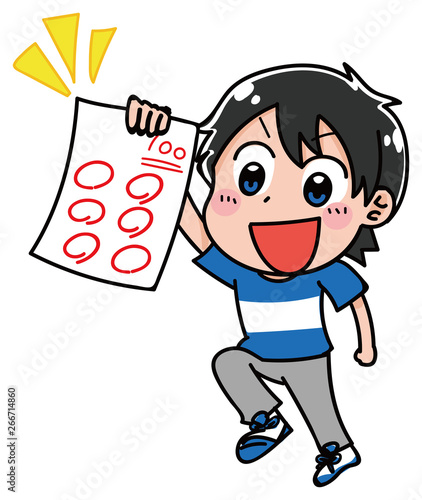 100点満点のテストを持った男の子のイラスト（夏）