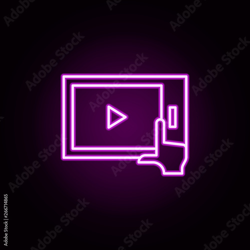 play, tablet, touch, video neon icon. Elements of online education set. Simple icon for websites, web design, mobile app, info graphics