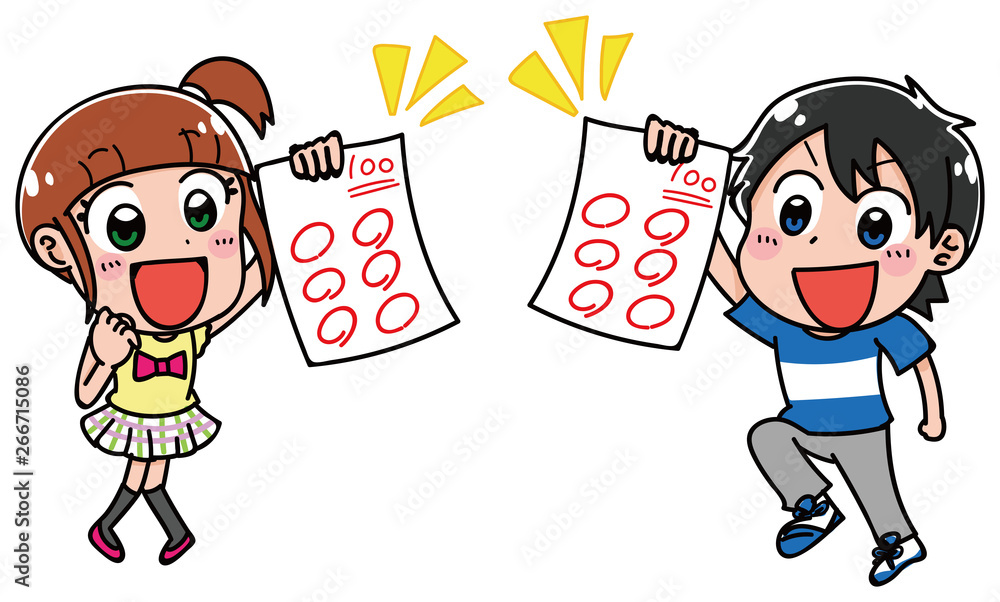 100点満点のテストを持った小学生男女のイラスト 夏 Stock Vector Adobe Stock