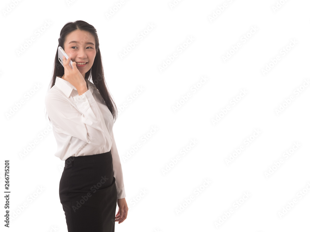 Portrait of asian business woman on phone call on white background in studio. Woman holding smartphone. Portrait of asian business woman on phone call on white background in studio. Woman holding smartphone.