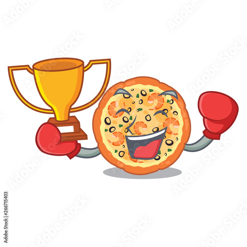 Boxing winner seafood pizza above the cartoon board
