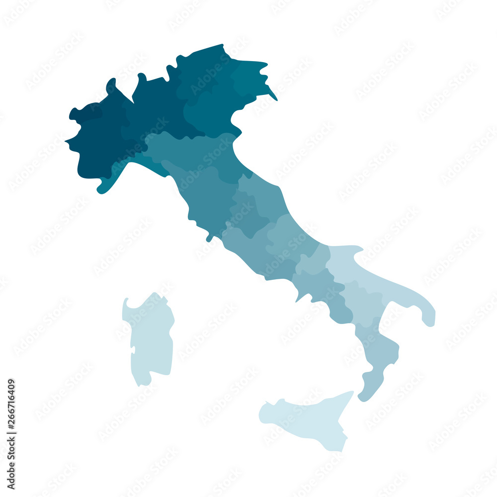 Naklejka Vector isolated illustration of simplified administrative map of Italy. Borders of the regions. Colorful blue khaki silhouettes
