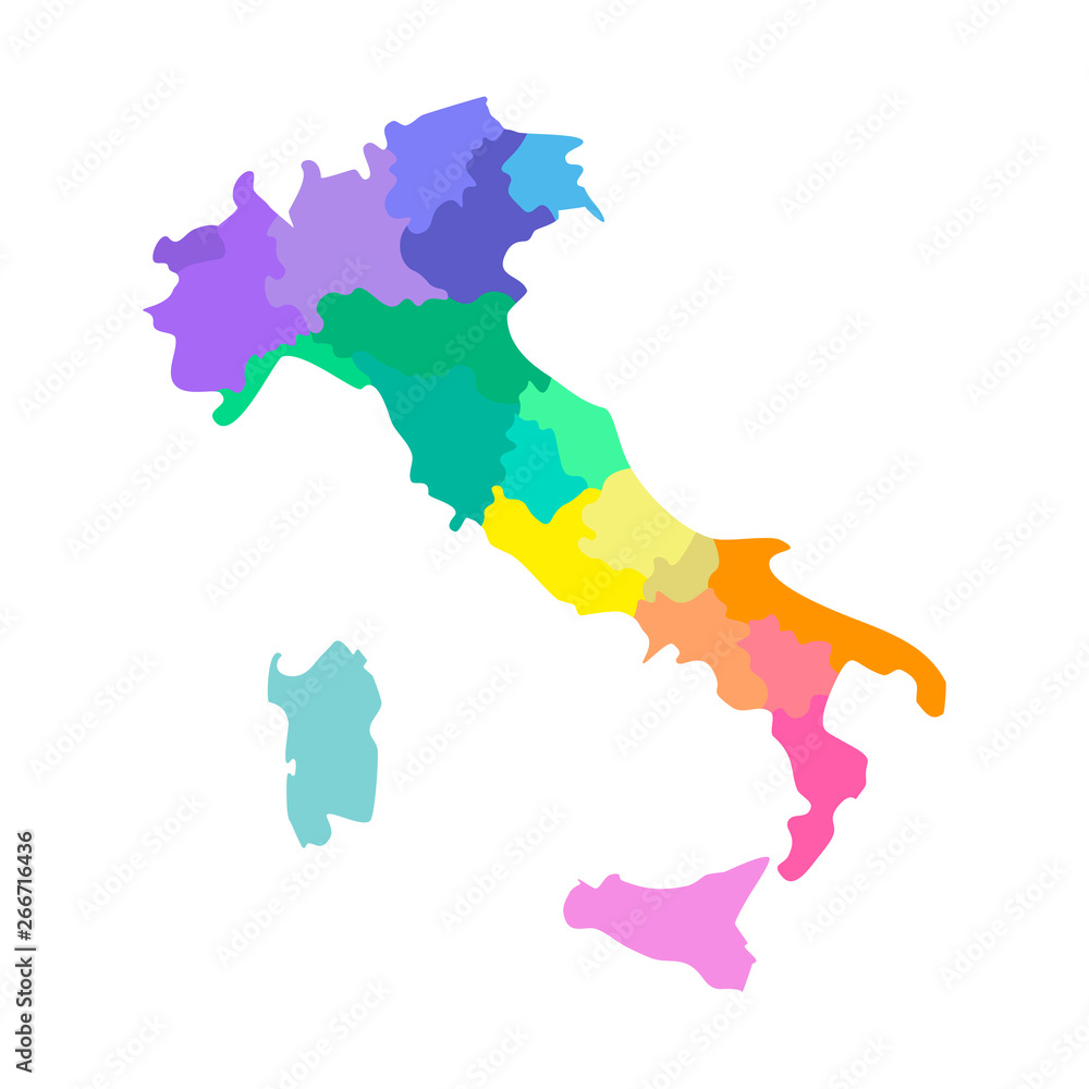 Vector isolated illustration of simplified administrative map of Italy. Borders of the regions. Multi colored silhouettes