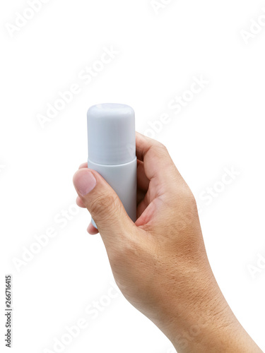 Male hands holding roll-on deodorant for armpits on a white background