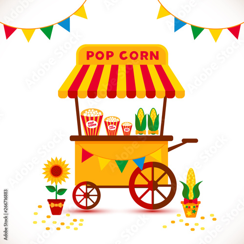 Popcorn cart carnival store and festival popcorn cart.cartoon. Candy corn container seller cart. Popcorn cart snack food market flat vector illustration on white.
