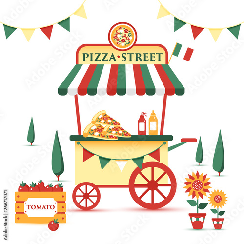 Pizza cart icon in cartoon style isolated on white background. Pizza and pizzeria symbol in vector illustration.