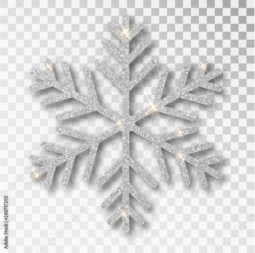 Silver snowflake isolated on a transparent background. Christmas decoration, covered bright glitter. Silver glitter texture snowflake isolated. Xmas ornament silver snow with bright sparkle
