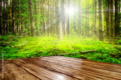 Table background of free space for your decoration and summer forest background 