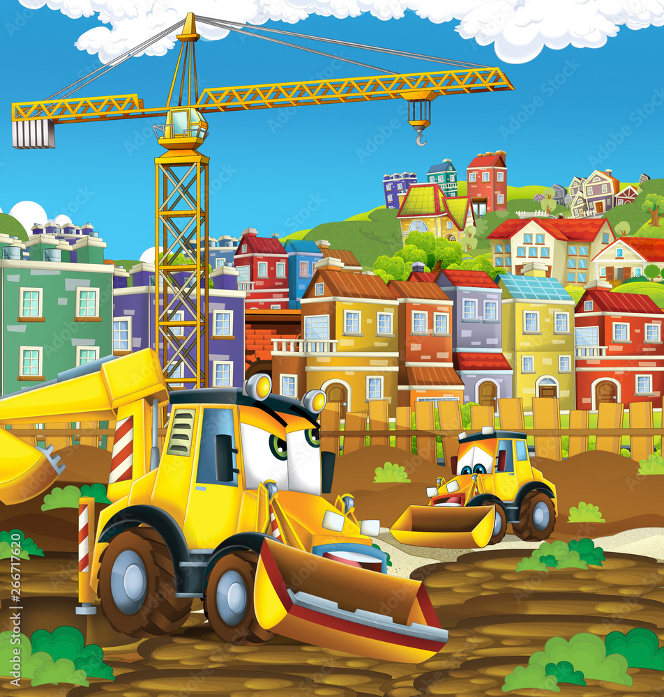 Naklejka premium cartoon scene with diggers excavators on construction site father and son - illustration for the children