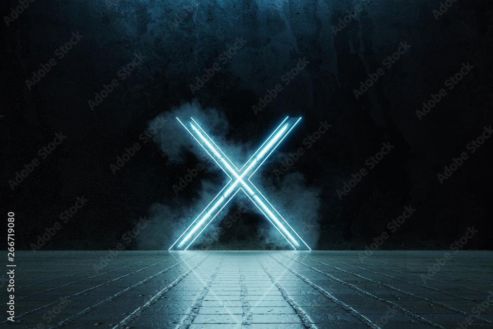 © Brilliant Eye - 3d rendering of framed lighten X alphabet shape on grunge tiles floor surrounded by smoke