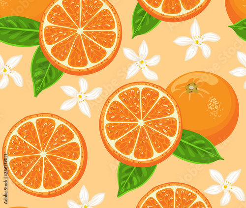 Oranges seamless pattern. Citrus and fruit cartoons, green leaves and flowers. Vector food illustration in cartoon flat simple style.
