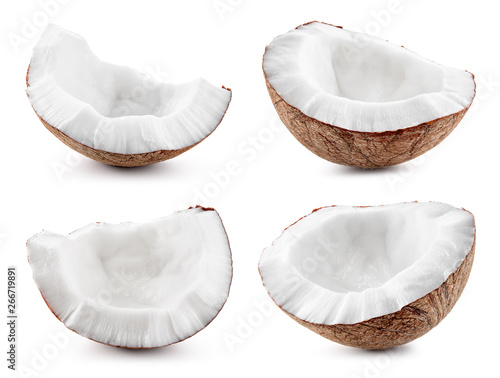 Coconut slice and coconut chunk set. Isolated on white.