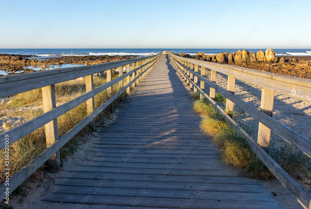 Obraz premium Wooden path with fence to the beach. Walkway on seashore in the morning. Travel and walk concept. Camino de Santiago landscape. Atlantic Ocean coast in Portugal. Wooden pier in perspective. 