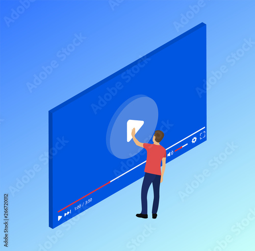 Video tutorials. Video content. The character presses the hand on the playlist. Isometric.