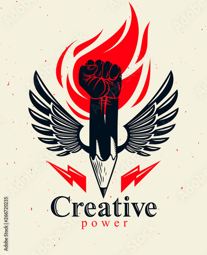 Strong design or art power concept shown as a winged pencil with clenched fist combined into symbol, vector logo or creative conceptual icon for designer or studio.