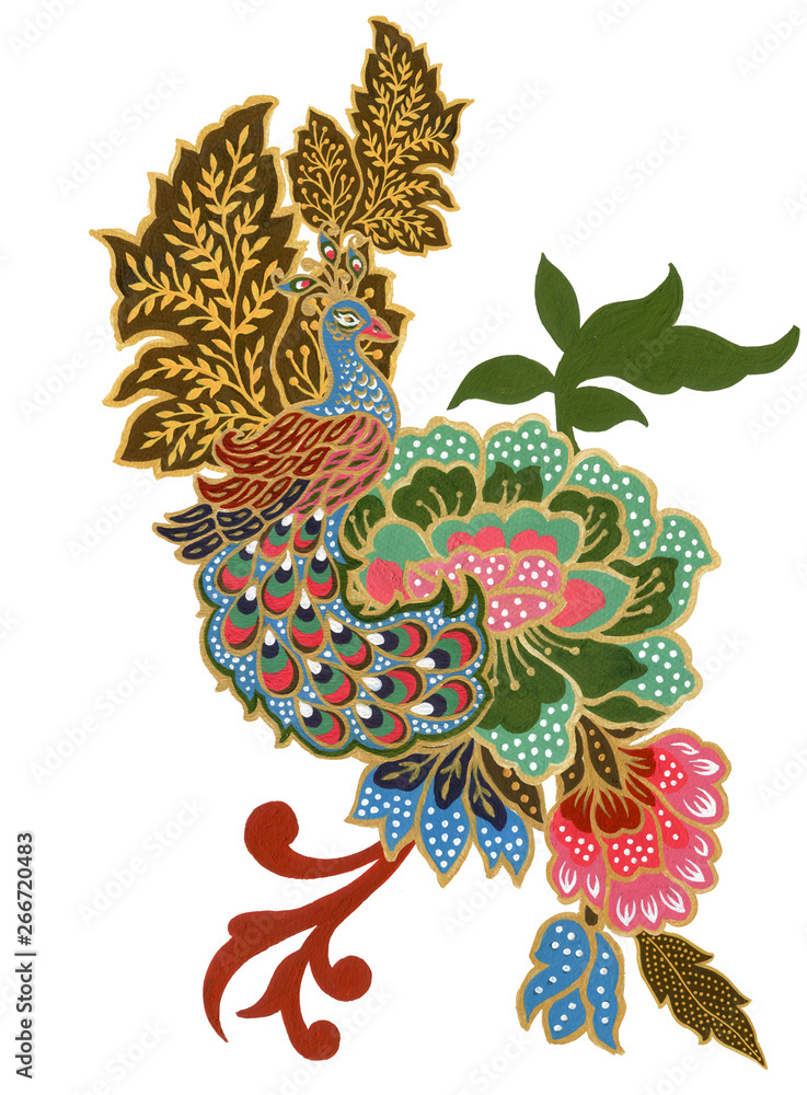 The beautiful of flower peacock bird art Malaysian and Indonesian Batik  Sarong bouquet Composition watercolor Gouache Hand Painted on white  Background Stock Illustration | Adobe Stock