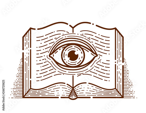 Secret knowledge vintage open book with all seeing eye in text lines, open your mind, insight and enlightenment, education and science or alchemy, vector logo or emblem design element. photo